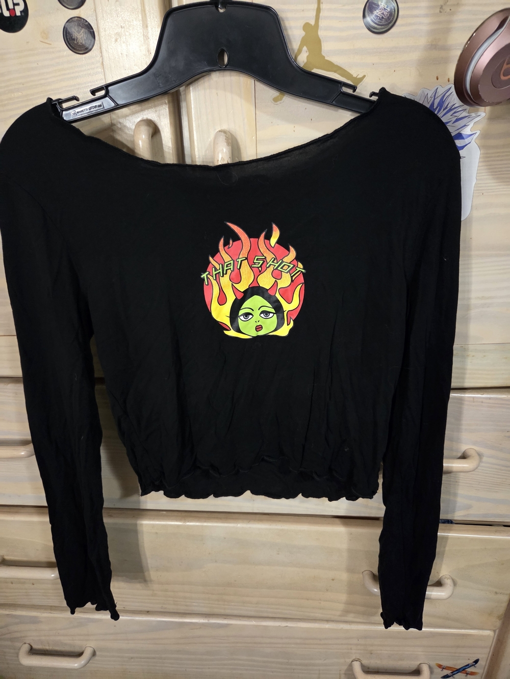 Source Unknown Black Long-Sleeve Crop Top with Neon Flame Face Graphic
